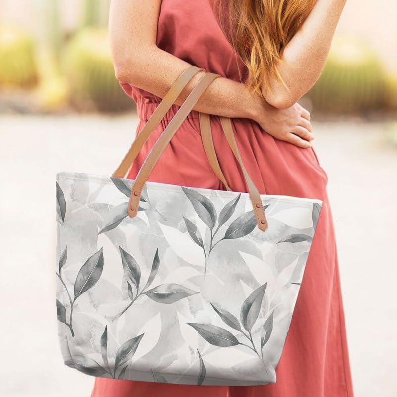 The Purple Tree Womens Oversized - Leafy Tote Bag Zip, College Bag, Travel & Daily Use, Gifts - Large Capacity Handbag - Contemporary, White
