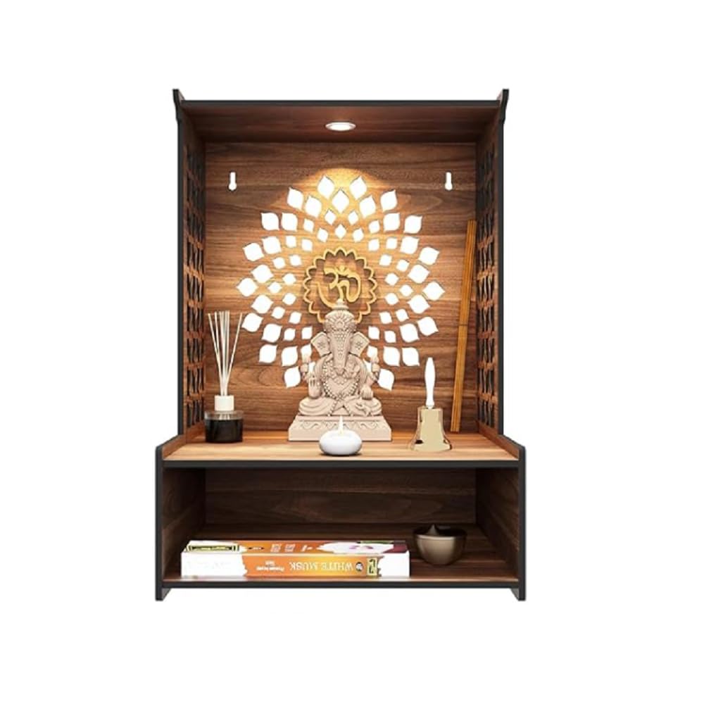 Devaāra Wooden Pooja Stand for Home & Office – Wall-Mounted Mandir with LED Spot Light | Compact DIY Temple for Puja Room Decor (H-15.5, L-11.5, W-9.5 Inch)
