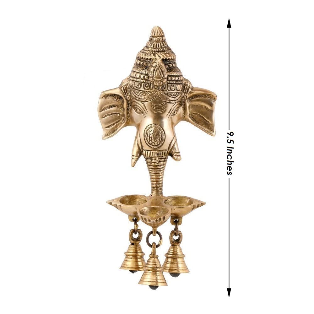 ARTVARKO™ Brass Ganesh Ganesha Wall Hanging Idol Oil Lamp Three Diyas and Bells Puja Gifting Entrance Home Decor Idol 9.5 Inch.