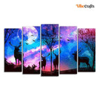 VIBECRAFTS Deer Silhouette Colorful Sky Wall Painting of Five Pieces Set For Home|Office|Living Room|Gift (PTVC5Pcs2_6550)