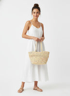 Bella N Bloom Handcrafted Cotton Rope Beach Tote Bag, Tricolor Brown Ombre Design with Decorative Tassel, Large Capacity Shoulder Bag (White)