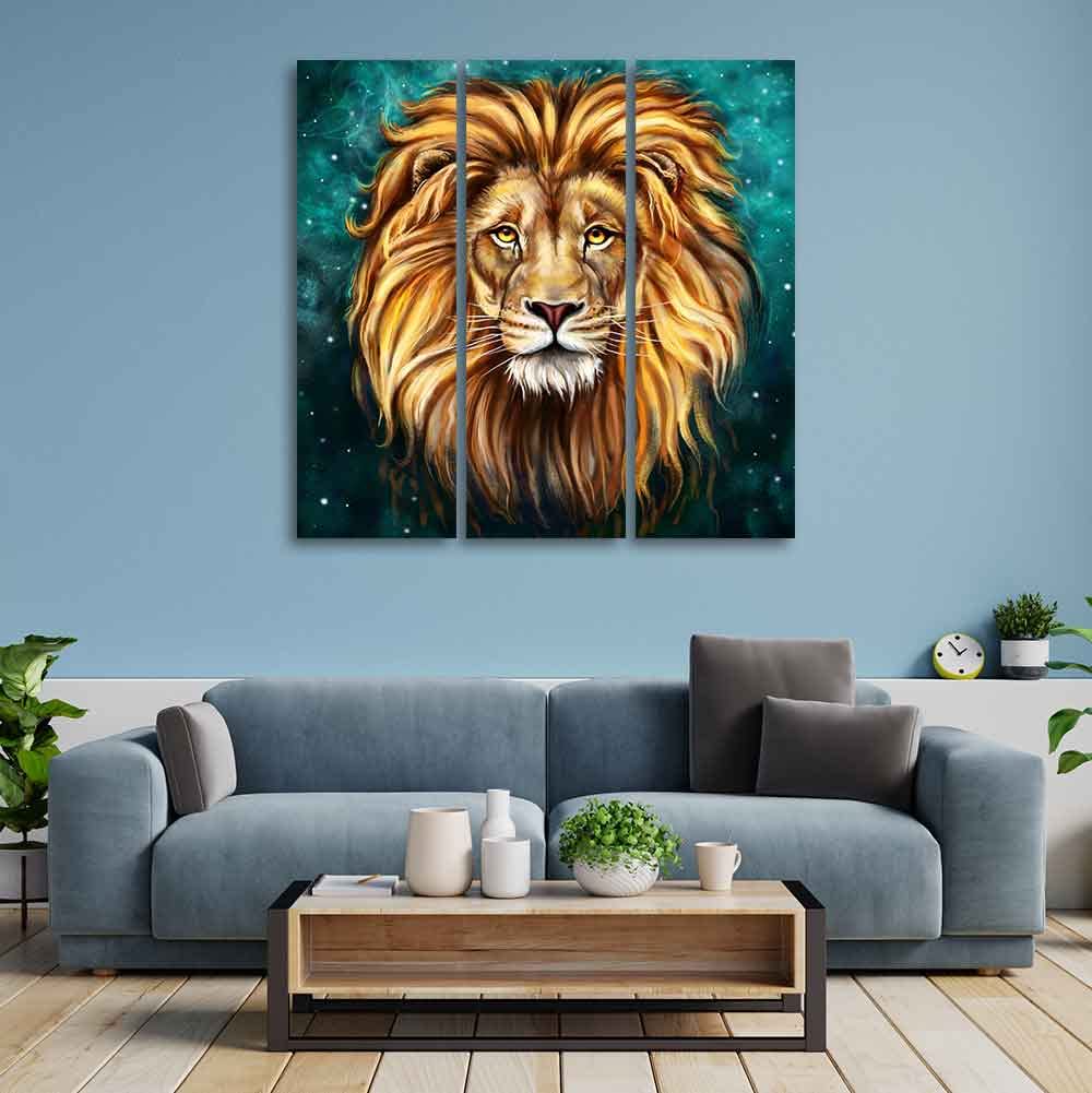 VIBECRAFTS 3 Pieces Lion Face Canvas Wall Painting Fitted With Wooden Frame For Home | Office | Living Room | Gifts (PTVC3Pcs1_9508)