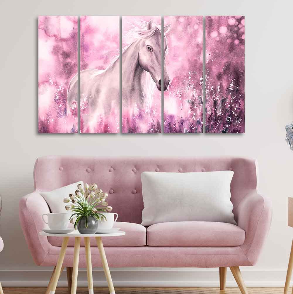 VIBECRAFTS Beautiful White Horse 5 Pieces Canvas Wall Painting For Home | Office | Living Room | Gift (PTVC5Pcs4_8544)