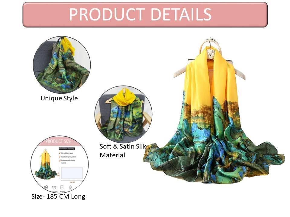 Alexvyan Satin Silk Summer Scarves 180 x 84 cm, Yellow Mountain Theme with Stitched Border, Lightweight Fashion Scarf for Women Sun Protection Stole