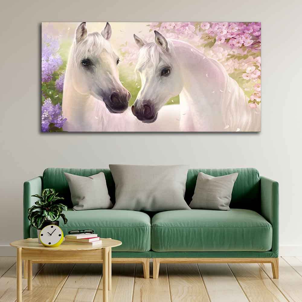 VIBECRAFTS Canvas Paintings for Living Room Drawing Room Beautiful Pair Of White Horses Premium Wall Painting Fitted With Wooden Frame for Home | Office | Gift (PTVCH_2340)