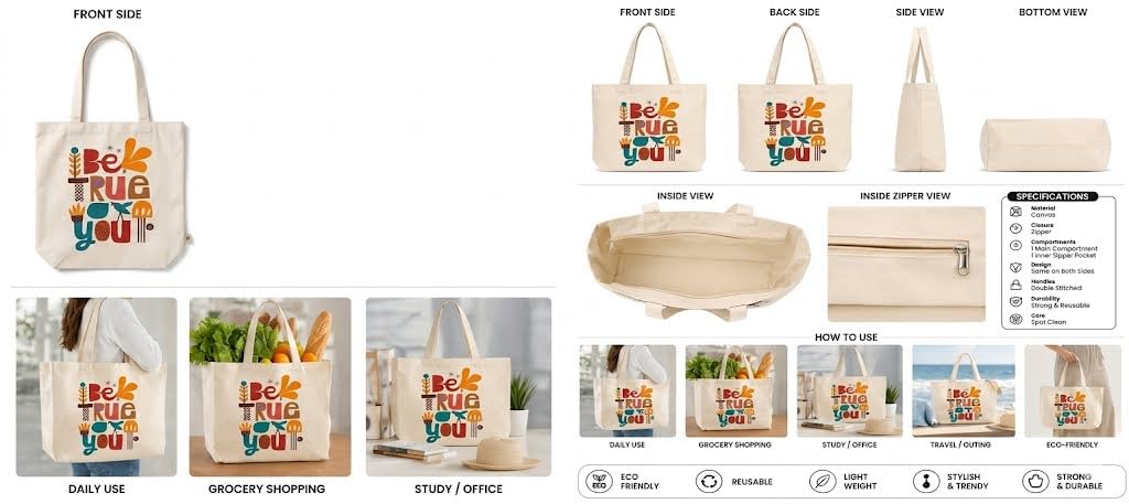 Inspirational Quotes Reusable Tote Bags | 100% Organic Cotton Shopping/Grocery Tote Bags For Women Office College Grocery,Vegetable Bags Market, Canvas Bag 15kgs Capacity (BE TRUE)