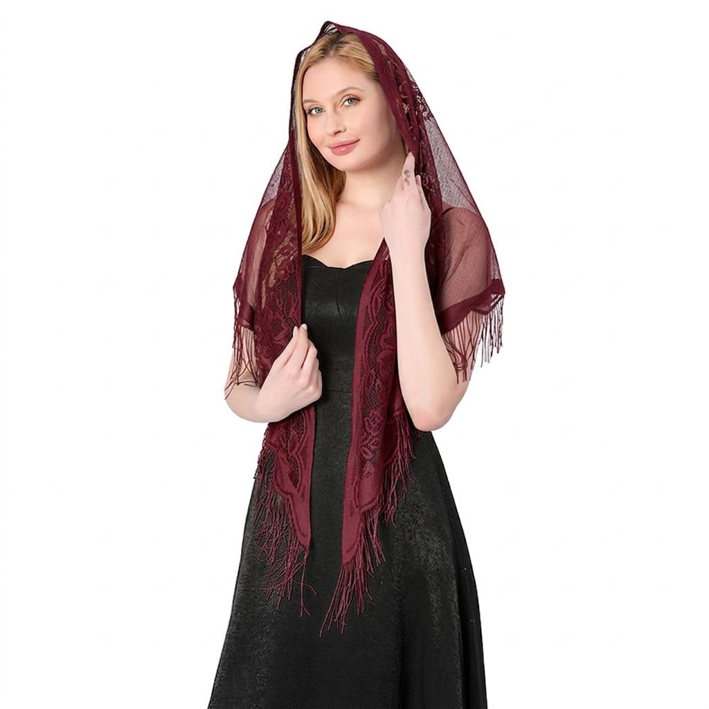 Alexvyan Floral Design Triangle Lace Stole and Wraps for Evening Dresses with Tassels for Evening Party Mesh Wedding Shawls for Summer (Wine Red)