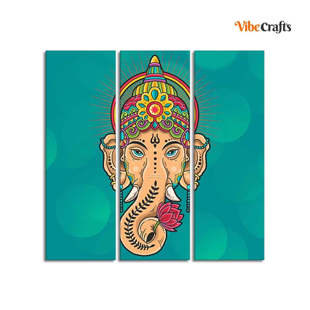 VIBECRAFTS Shree Ganesh Ji Head 3 Pieces Canvas Wall Painting Fitted With Wooden Frame For Home | Office | Living Room | Gifts (PTVC3Pcs1_9583)