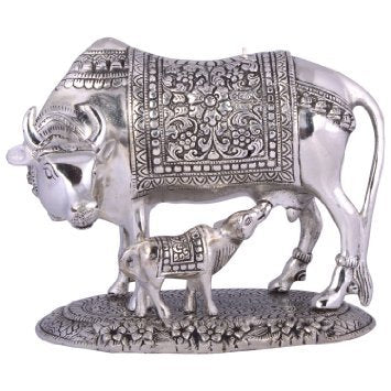Prince Home Decor & Gifts Metal Kamdhenu Cow with Calf Statue Good Luck Holy Cow with Calf Statue/Metal Cow with Calf for Home Decor Spiritual Showpiece Figurine (N 5, 1500)
