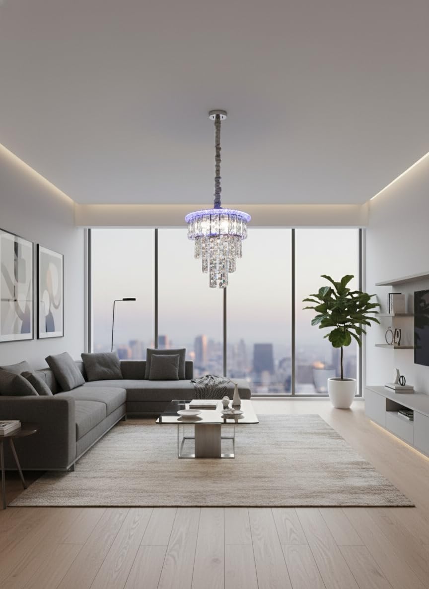 swanart Zephyra Rotating Crystal Chandelier with Multi Color LED, Bluetooth Music System, 3-Tier K9 Crystal Ceiling Light for Living Room, Bedroom & Luxury Interiors