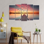 VIBECRAFTS Romantic Wooden Jetty in Sunset Canvas wall Painting of Five Pieces For Home|Office|Living Room|Gift (PTVC5Pcs2_6526)