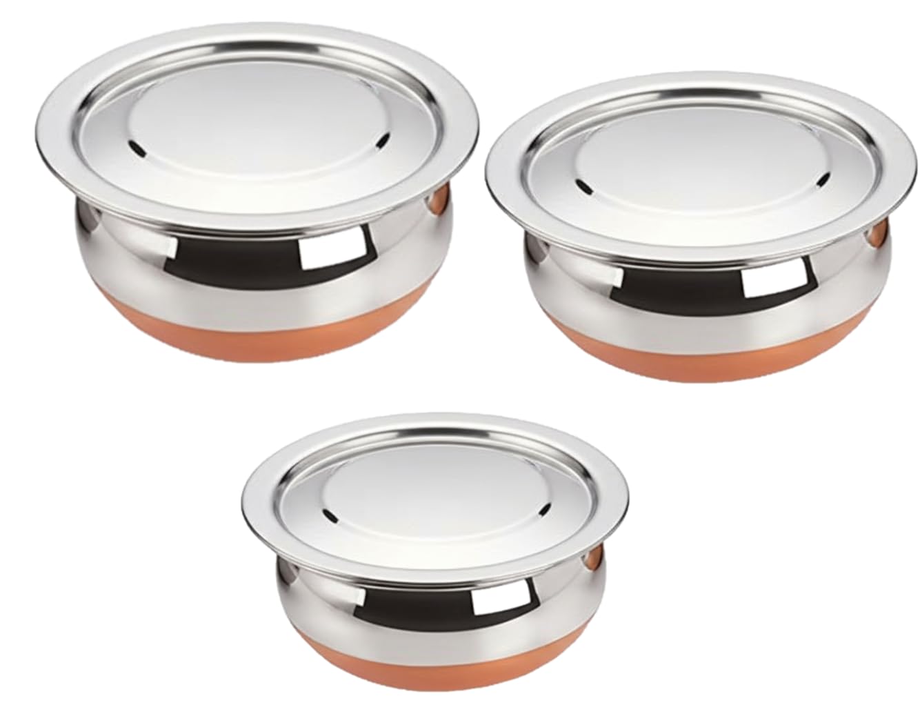 ALWAFLI 3 pcs Stainless Steel Copper Bottom Kitchen Serving, Cooking Bowl | Cook and Serve Inductiom & Gas Compatible Biryani Handi | Handi Set with Steel Lid (0.45 L, 0.75 L & 1 L) (3 pcs)