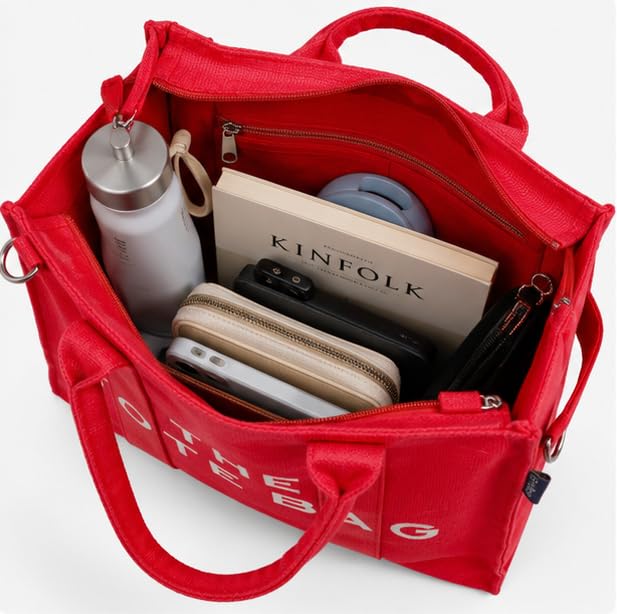 AQVA Printed Cotton Canvas Tote Bag with Detachable Sling Strap for Women | Large Capacity | Stylish Multipurpose Handbag with Zipper | Shoulder Bag for Laptop, Office & Travel (Red)