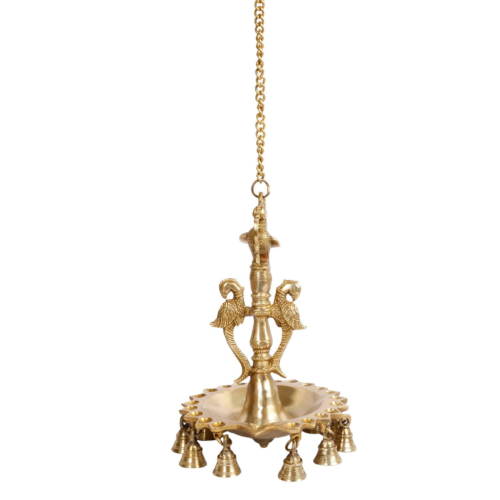 Artvarko™ Brass Bird Peacock with Double Parrot Traditional Wall Hanging Bell Diya with Chain Oil Lamp Diwali Puja Home Office Temple