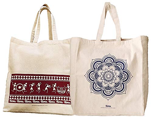 Arka Home Products 100% Cotton Reusable Printed Shopping Bags Tote Bag (Set of 2 - Warli & Mandala Flower Prints, Size 16 X 14 X 4)