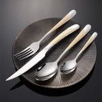 ANH MART Mirror Finish Gold Plated Stainless Steel Flatware Set Copper Silverware Set Rose Gold Spoon Color Cutlery Set [Dinner Fork-Tea Spoon-Salad Spoon-Knife] Set of (Golden DOT, 8)