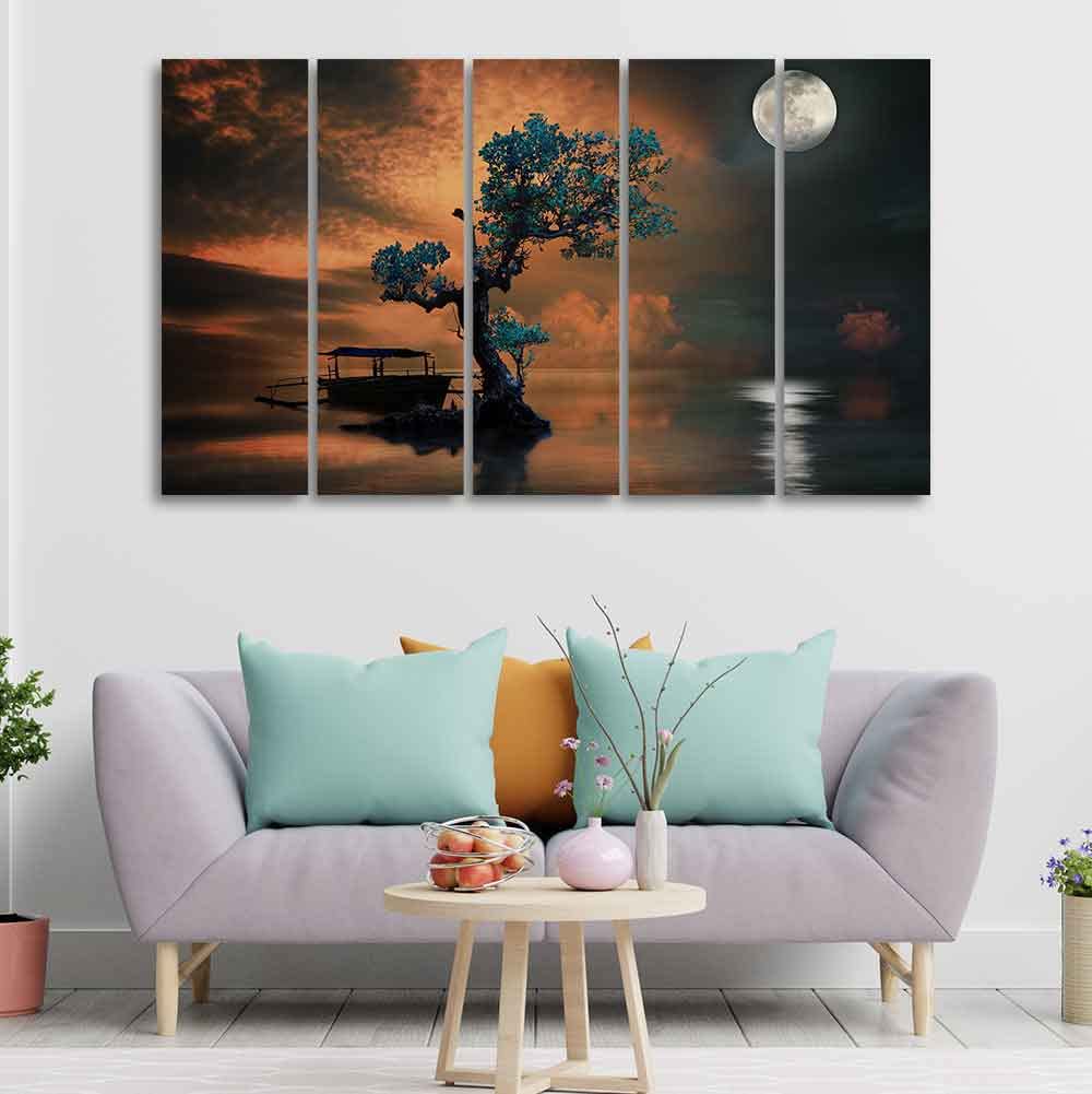 VIBECRAFTS Amazing Tree under The Moon Premium Wall Painting of Five Pieces For Home|Office|Living Room|Gift (PTVC5Pcs4_8715)