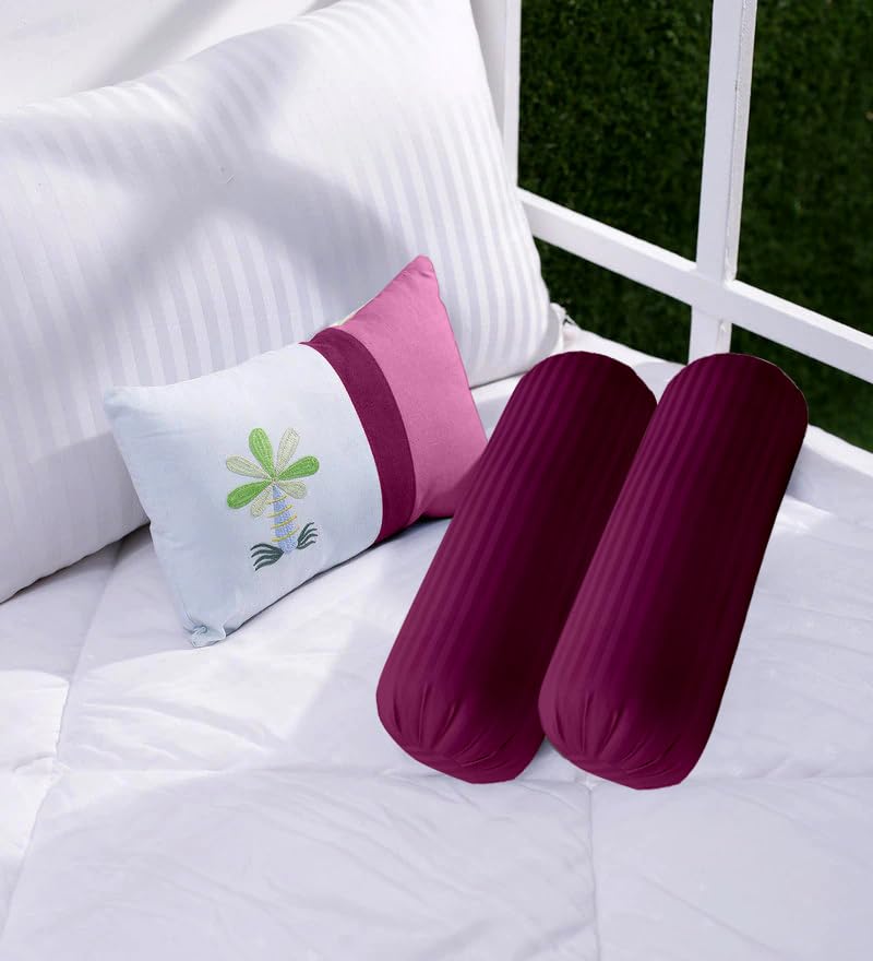 Trance Home Linen 100% Cotton 16x32 inch 200TC Striped Bolster Cover | Round Bed Side Long Bolster Pillow Cover to fit 24 Length 9 Dia | Pack of 2 Bolster Cover only (16x32 inch, Deep Wine)