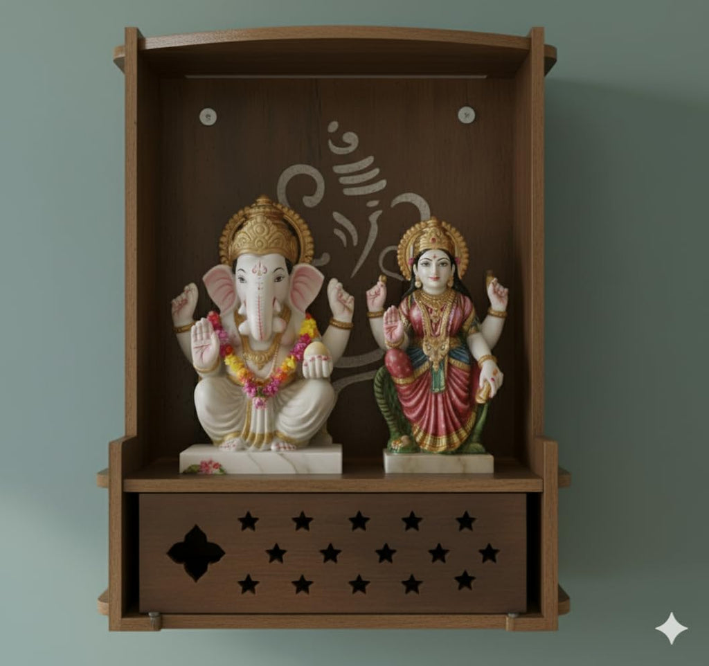 EXPRO Wooden Wall Mounted Pooja Mandir for Home & Office, Wooden Temple for Home Decor Hanging Pooja Stand for Idols | Height: 5 | DIY (Do-It-Yourself) (Height 5 | Ganesh Ji Design-1)