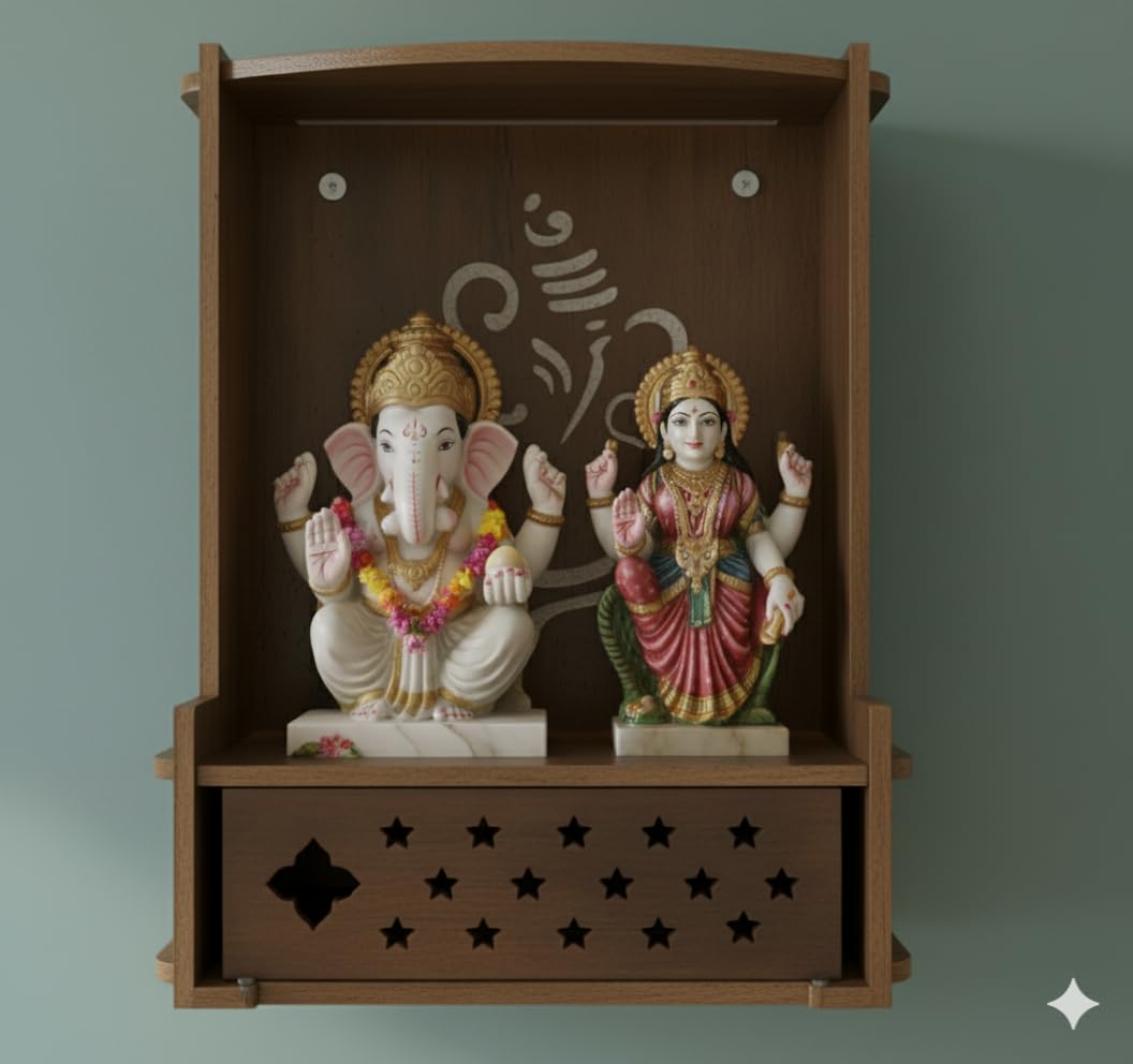 EXPRO Wooden Wall Mounted Pooja Mandir for Home & Office, Wooden Temple for Home Decor Hanging Pooja Stand for Idols | Height: 5 | DIY (Do-It-Yourself) (Height 5 | Ganesh Ji Design-1)