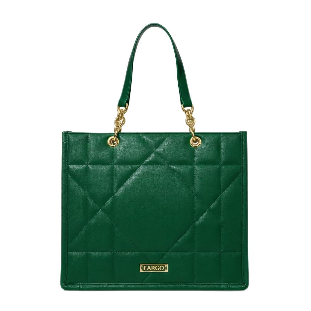 Fargo Matrix Tote Bag for Women | Vegan Leather Handbag with 15-Inch Laptop Compartment, Smooth Zip | Stylish Office, College & Daily Use Tote | Made in India (Green)