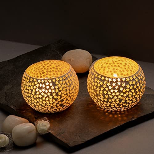 TIED RIBBONS Pack of 2 Turkish Mosaic Glass Votive Tealight Candle Holders - Decorations Items for Home Table Decor Gifts (Glass) - Decor - Gifts