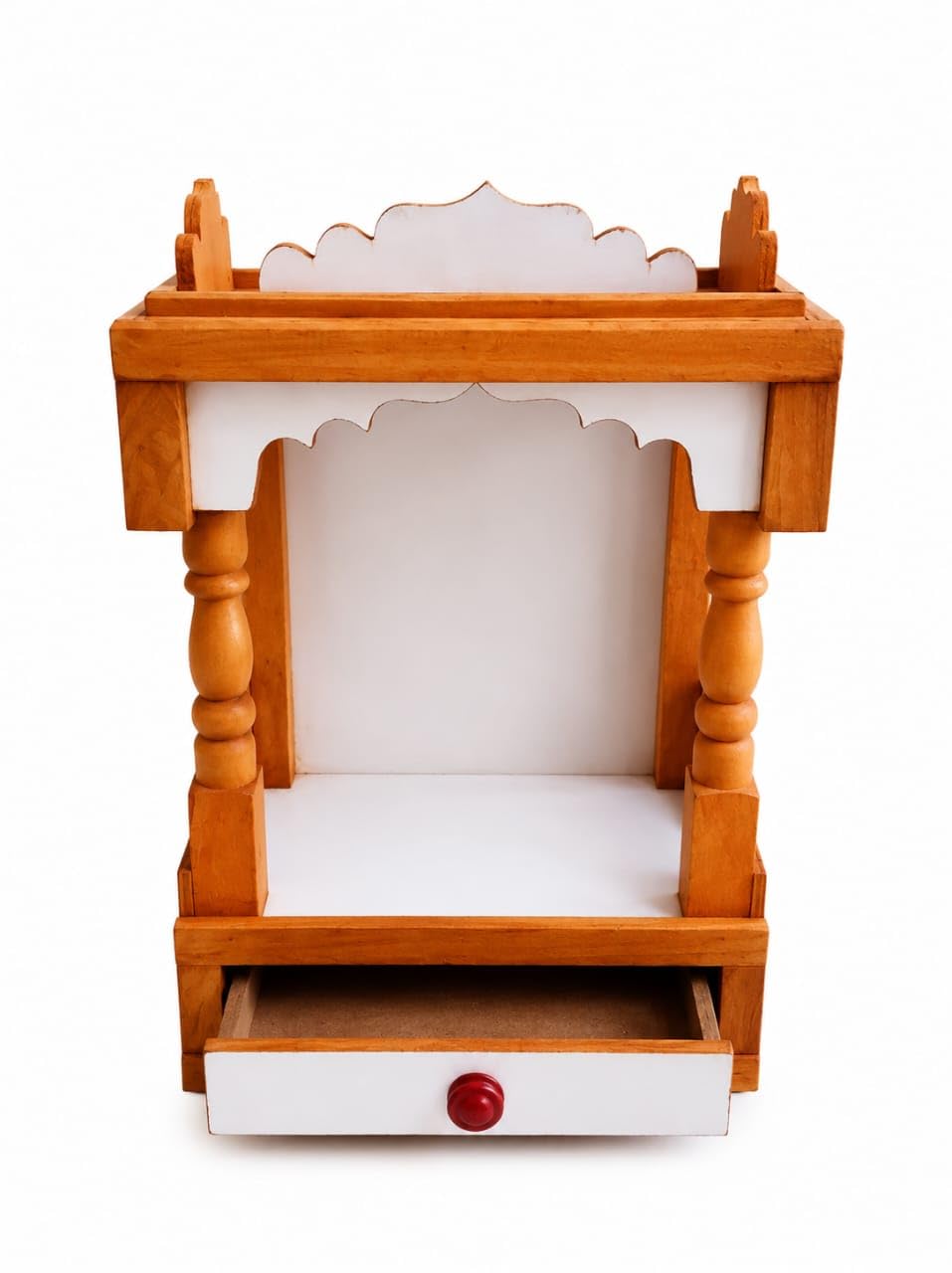 Premium Handcrafted Wooden Mandir for Home & Office | Compact Open Pooja Temple with Storage Drawer (45 x 32 x 22 cm) | Natural Teak Wood & White.