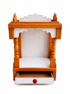 Premium Handcrafted Wooden Mandir for Home & Office | Compact Open Pooja Temple with Storage Drawer (45 x 32 x 22 cm) | Natural Teak Wood & White.