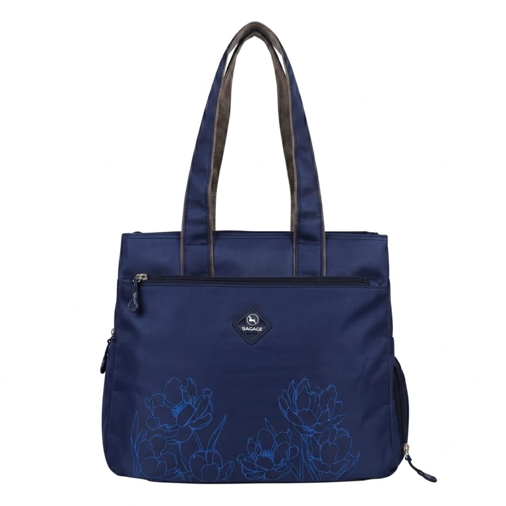 Bag-Age HB55 Tote Handbag for Girls & Women, Water Resistant Office Work Bag with Umbrella Pocket, Large Capacity Shoulder Bag for Work, Travel & Daily Use (Navy Blue)