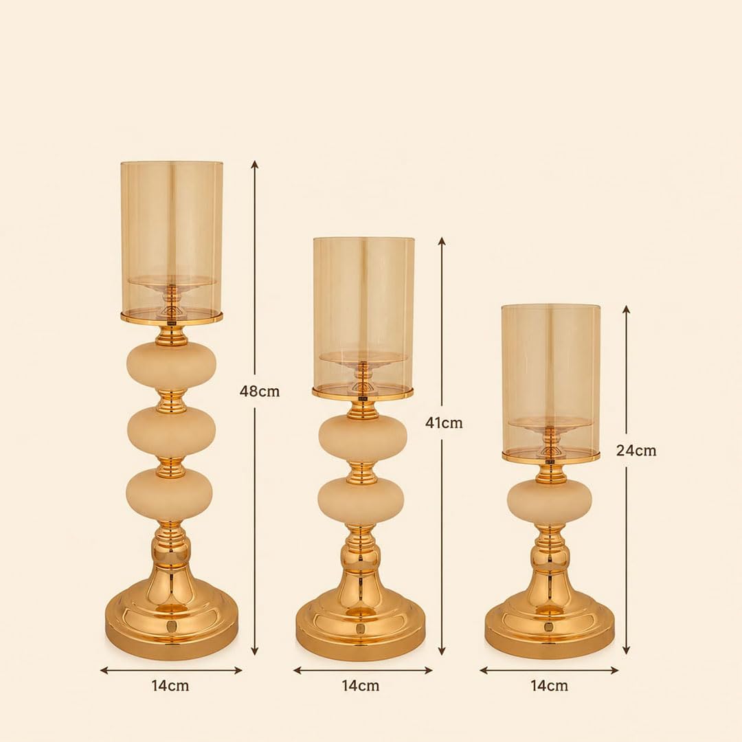 Hurricane Pillar Candle Holder Set of 3, Gold Metal Base with Marble Stone Accents, Amber Glass Cover, 24cm/41cm/48cm (Candles are not Included)