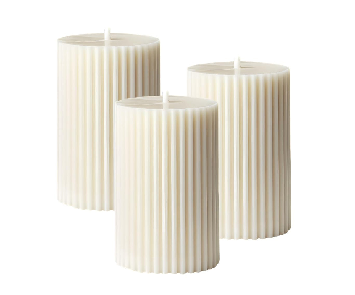 atorakushon Soy Wax Pillar Candle Set of 3 Pcs Ribbed Scented Pillar Candles 2x3''inches for Home Decor Diwali Wedding Valentine Church x-Mass (White)