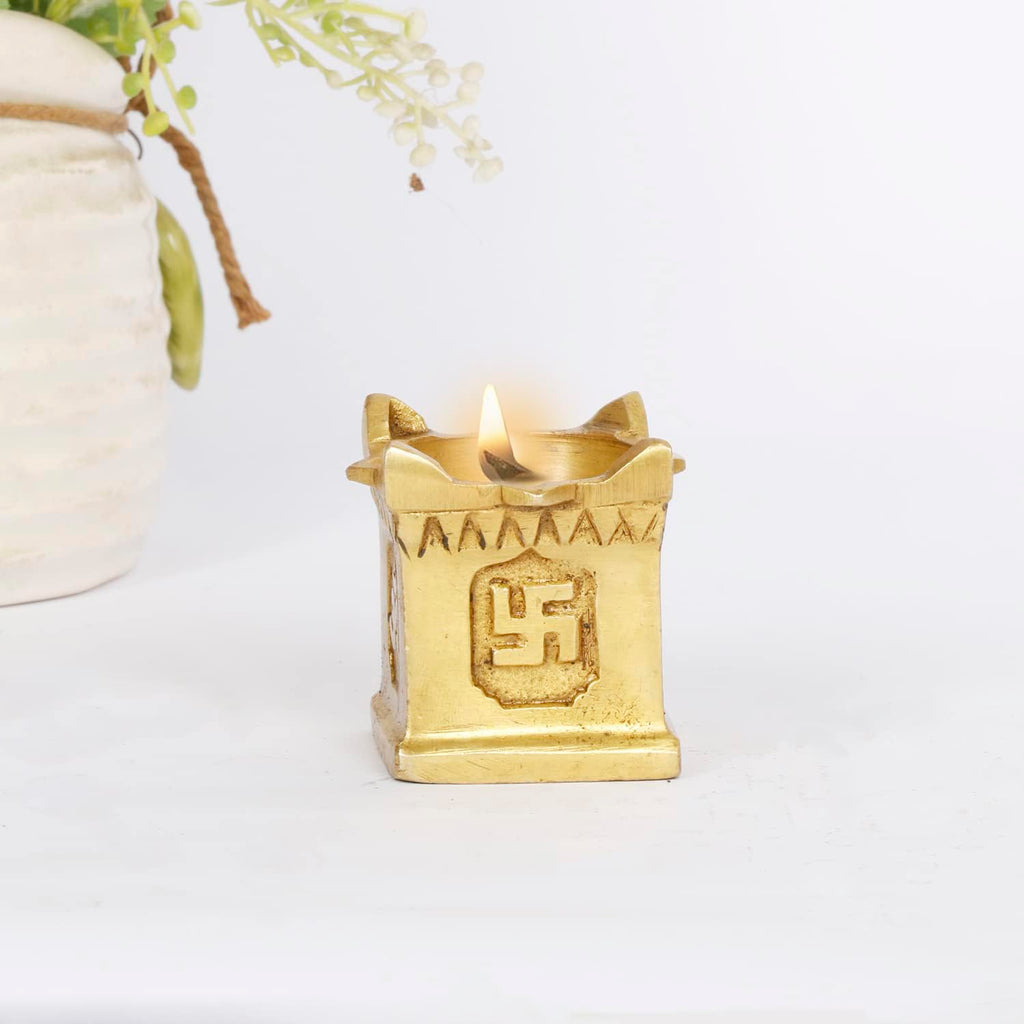 Artvarko Brass Tulsi Diya Om Shri Swastika Tishul Engraving Oil Lamp Diya Deepak Home Pooja Puja Idol Mandir Décor Small 5 cm