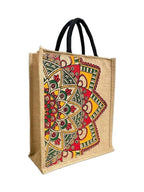 JuteLuv-Jute Bag with designer print | Shopping Bag | Office bag | Tiffin Bag | Multipurpose | Eco Friendly with Zip| Soft cotton handles|Spacious| Water resistant with heavy Jute Fabric (Pack of 5)