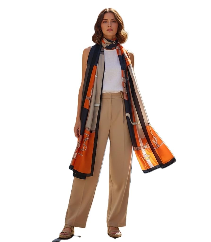 Alexvyan Satin Silk Summer Scarves 180 x 84 cm, Orange Belt Design with Stitched Border, Lightweight Fashion Scarf for Women Sun Protection Stole