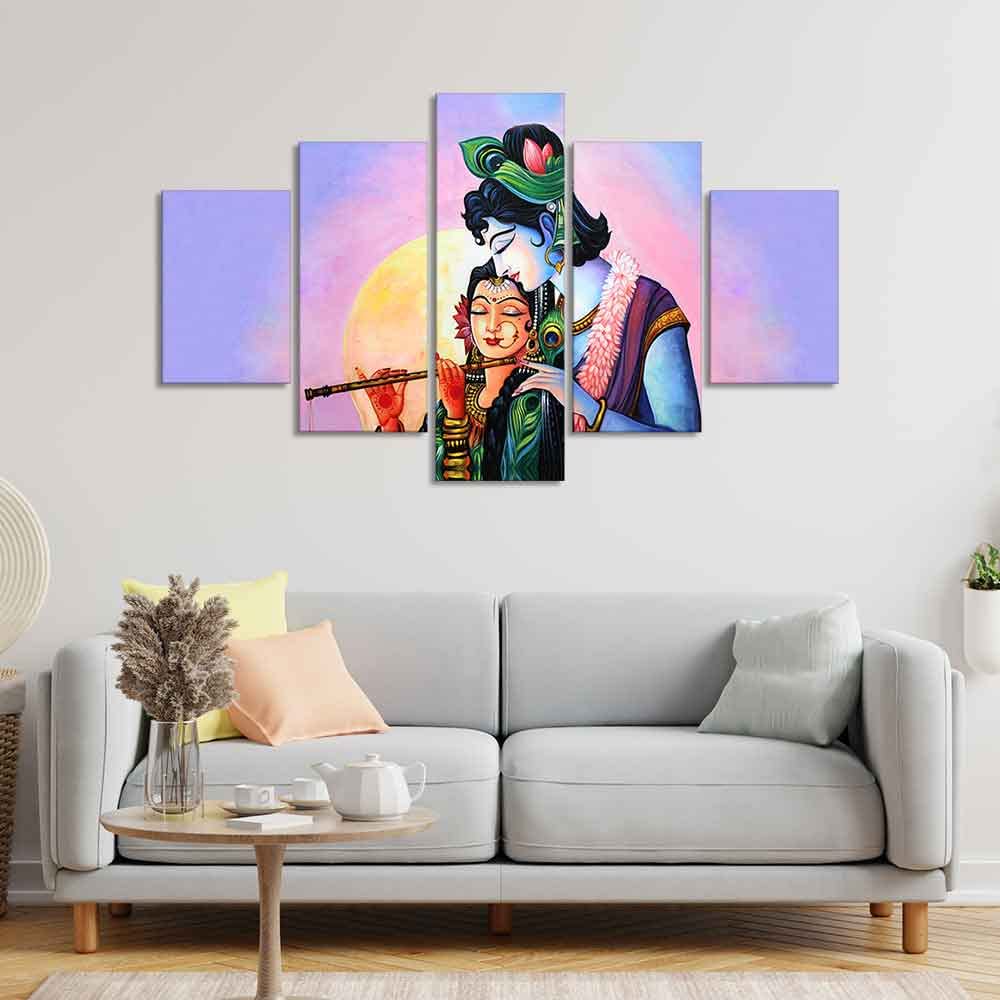 VIBECRAFTS Radha Krishna Canvas Wall Painting Set of Five Panels For Home|Office|Living Room|Gift (PTVC5Pcs1_5549)
