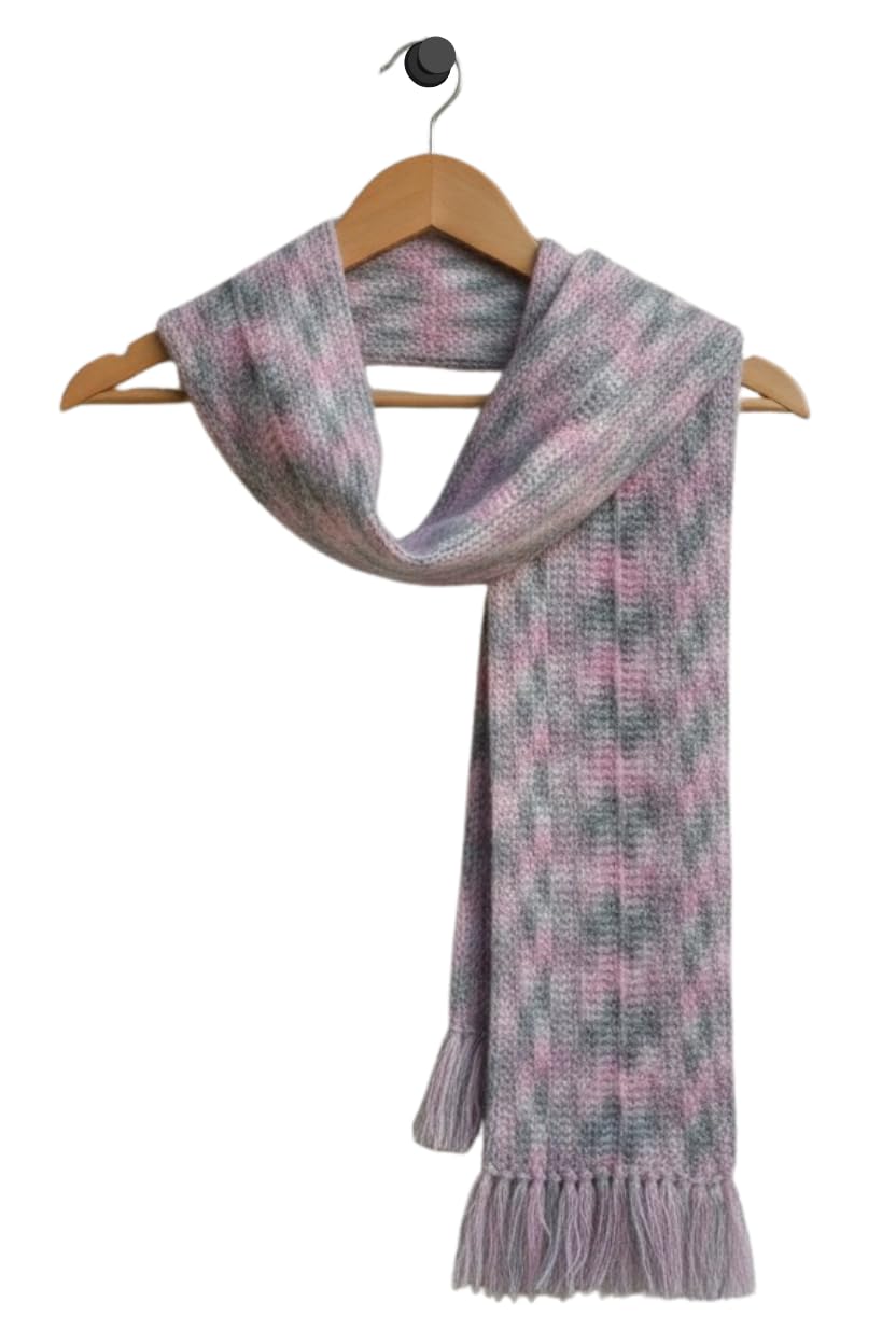 Handcrafted Crochet Winter Muffler for Women | Soft Wool Blend Scarf | Pastel Pink & Grey | Lightweight Warm Stole with Tassels