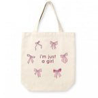 FUNKYFINDS “I’m Just a Girl” Cute Pink Bow Embroidery Tote Bag for Women – Aesthetic Canvas Shoulder Bag for Daily Use, Shopping, College & Travel, Office & Casual Outings