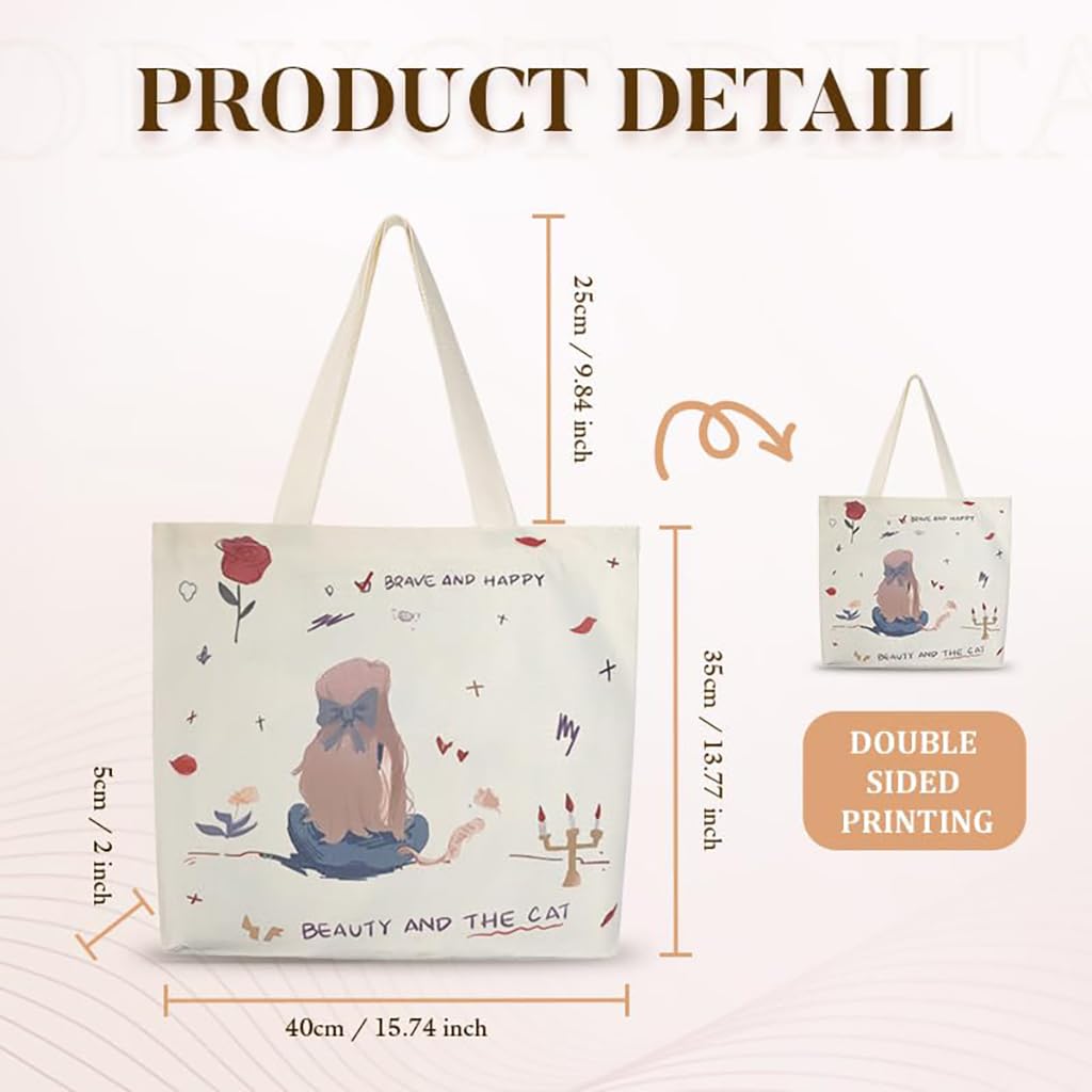 Zibuyu Cotton Canvas Tote Bag Foldable Washable Graphic Print White 1 Pc