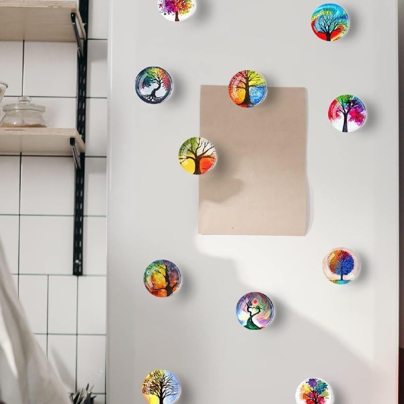 SPITEN 12 Pcs Fridge Magnets Marble Texture Crystal Refrigerator Glass Magnet Decorative Fridge Strong Small Cute Colorful Magnet for Kitchen Office Whiteboards Cabinets Photos Party (Tree Design)