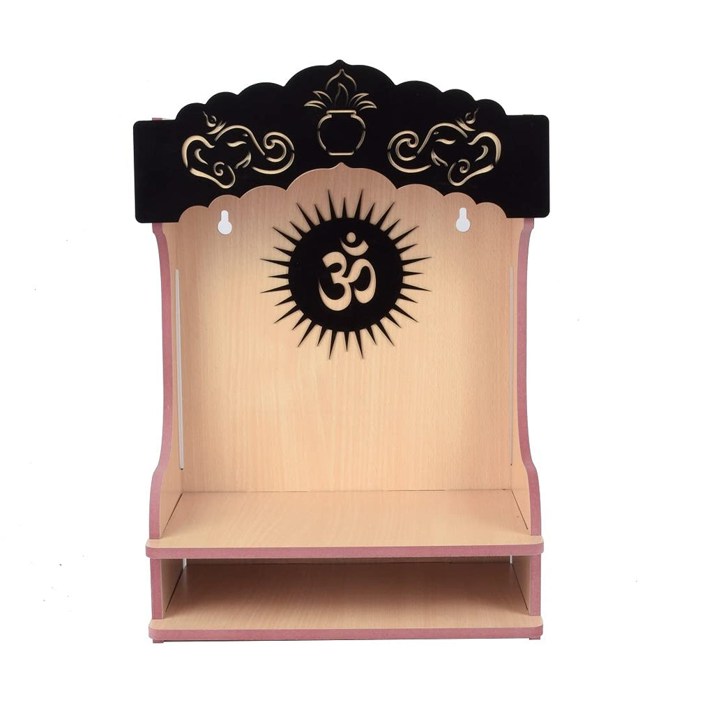 YIXT MDF Wooden Temple for Home with LED Light & Storage | Wall Mount & Tabletop Pooja Mandir | Spacious Shelf with Spot Light