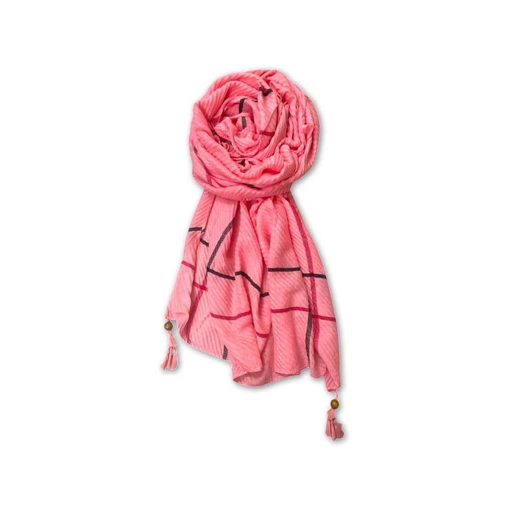 FAHABO Scarf Woman Pleated Cotton with Striped Border and Tassels Scarves | Hijab Scarf | Headscarf | Neck Scarf | Stoles | Wraps (fluorescent Orange)