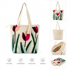 Embroidered Canvas Tote Bag, Cream, Floral Butterfly Design, Zipper Closure with Tassel
