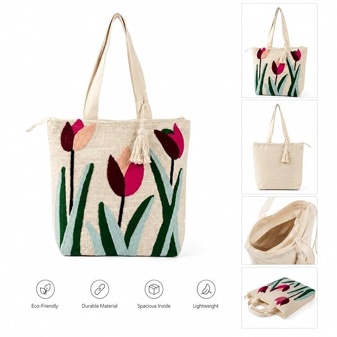 Embroidered Canvas Tote Bag, Cream, Floral Butterfly Design, Zipper Closure with Tassel