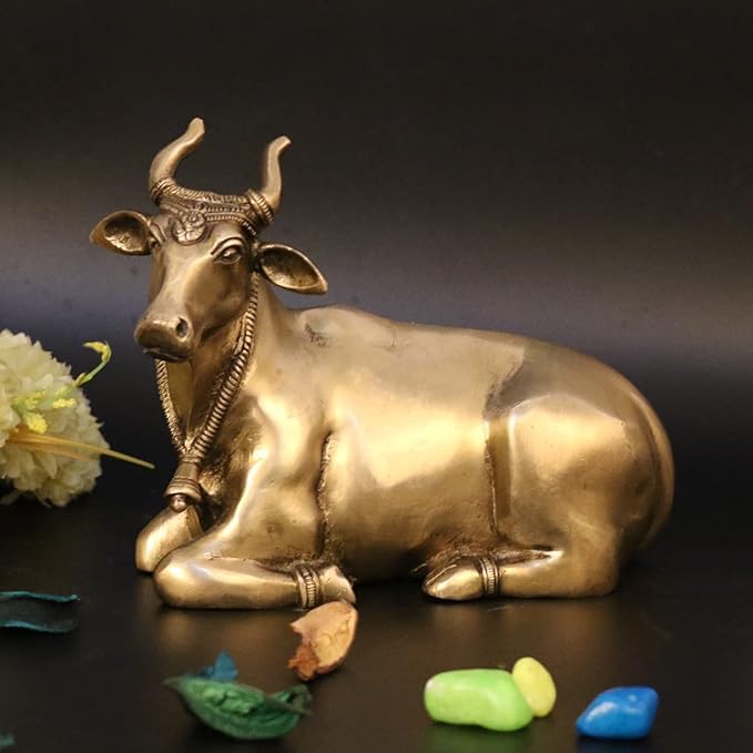 ARTVARKO Brass Sitting Nandi Cow Statue Shiva Bull for Pooja and Home Decoration Showpiece Décor Office Temple Gift 7.5 Inch.