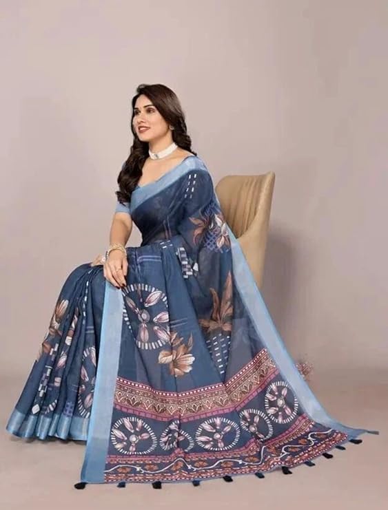 HARI PRIYA PRINTS Women Digital Novelty Printed Linen Cotton Silver Zari Border Saree With Unstitched Blouse Piece Women's Floral Printed Linen Blend Saree Included