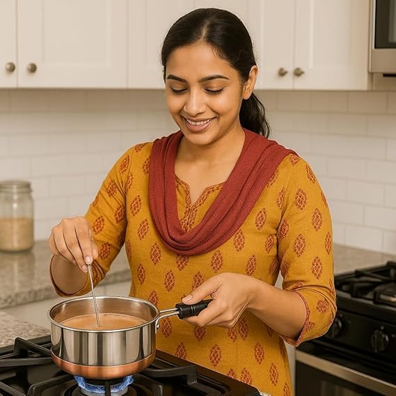 Copper Bottom Sauce Pan Tea Maker Milk Coffee pan bhgoni Stainless Steel Sauce Pan with Handle, Flat Base, Tea Pan, Milk Pan Tapeli Patila, Pot (Copper - 2000 ml)