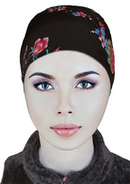 TCP Women’s Premium Printed Under Scarf, Bonette Inner Cap, Headscarves,Hijab - Black Ditsy (Black Pink Floral print)