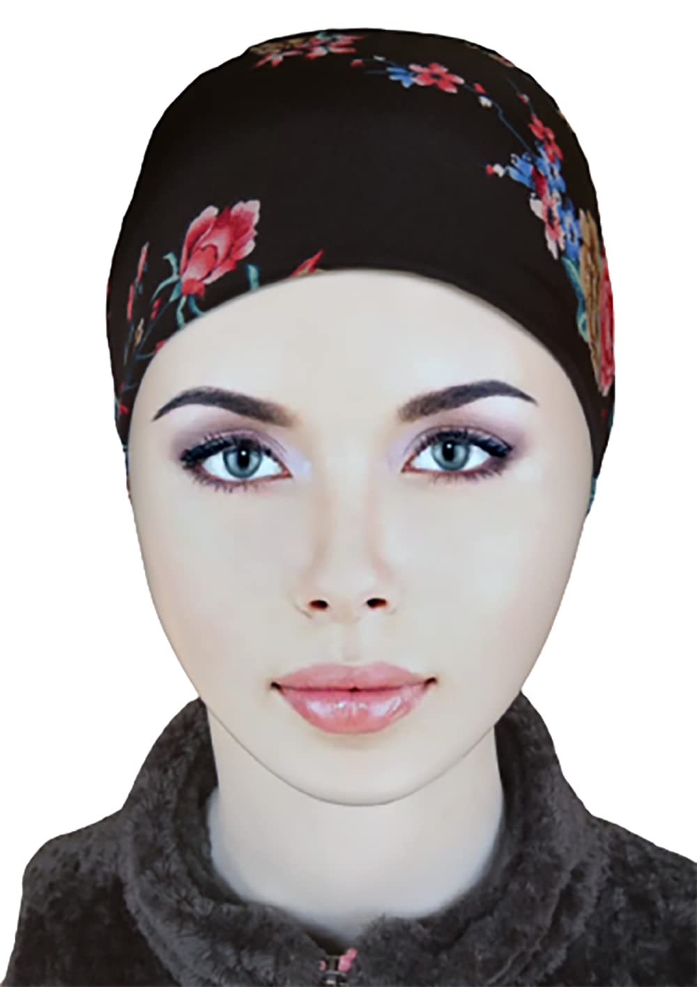 TCP Women’s Premium Printed Under Scarf, Bonette Inner Cap, Headscarves,Hijab - Black Ditsy (Black Pink Floral print)