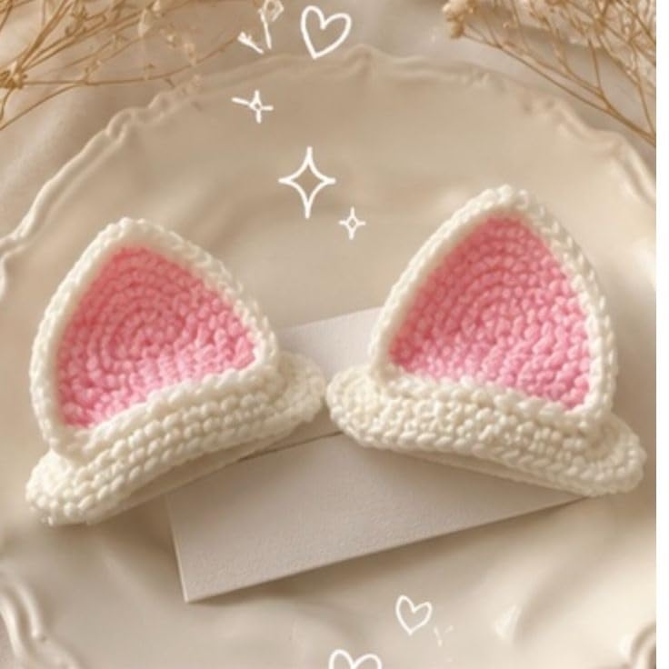 Handmade Crochet Cat Ear Hair Clips Black and White, Pink Inner, Cute Kawaii Style, Set of 2
