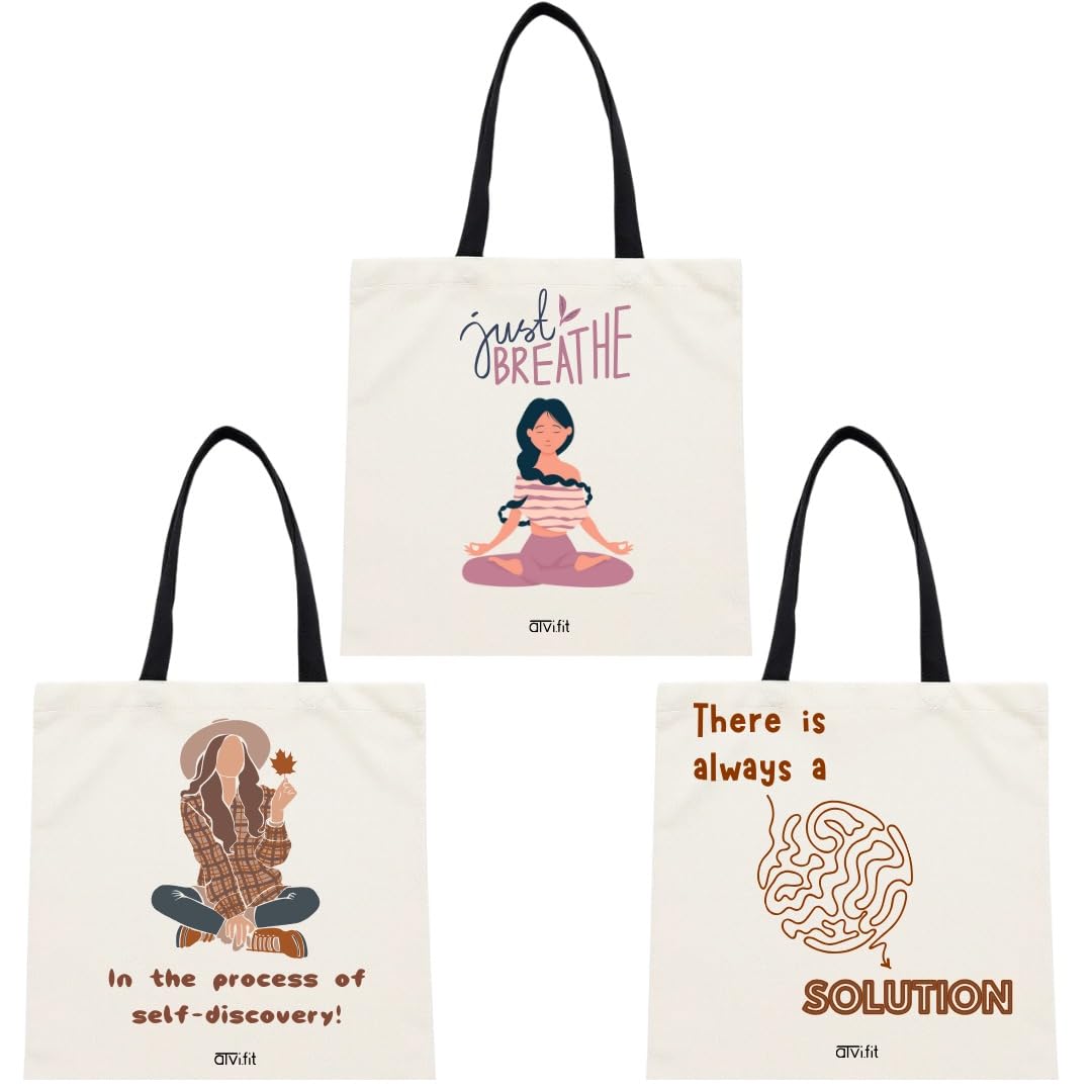 ATVI.FIT Trendy Cotton Close Zip Tote Bags for Women Designs - 15.5x15 - Perfect for College, Office, Yoga, and Everyday Use (Set of 3)
